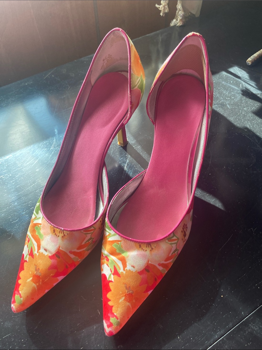 Anne Klein Floral Pointed Toe Pumps in Pink and Orange